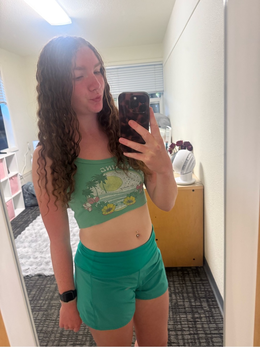 Green Tropical Graphic Crop Tank Top - Women